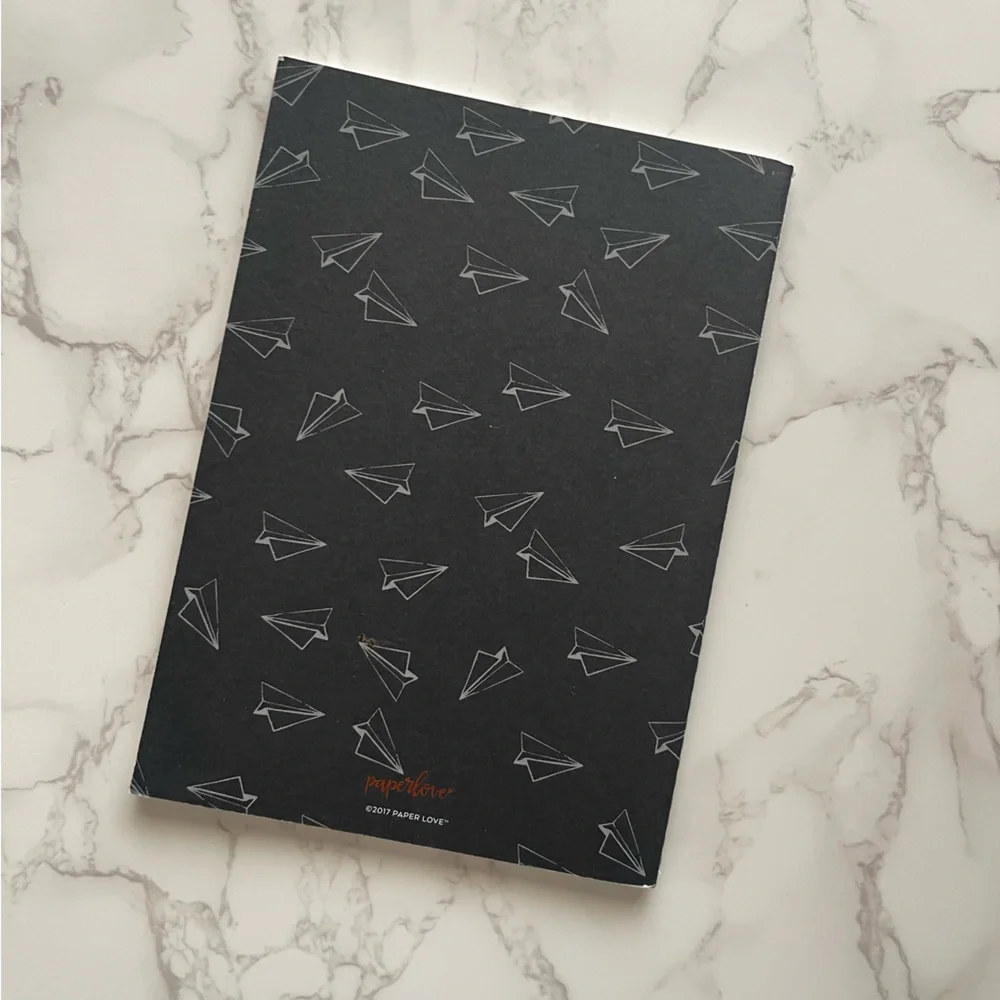 Notebook with paper airplane pattern on exterior and rose gold “NOTES” on front